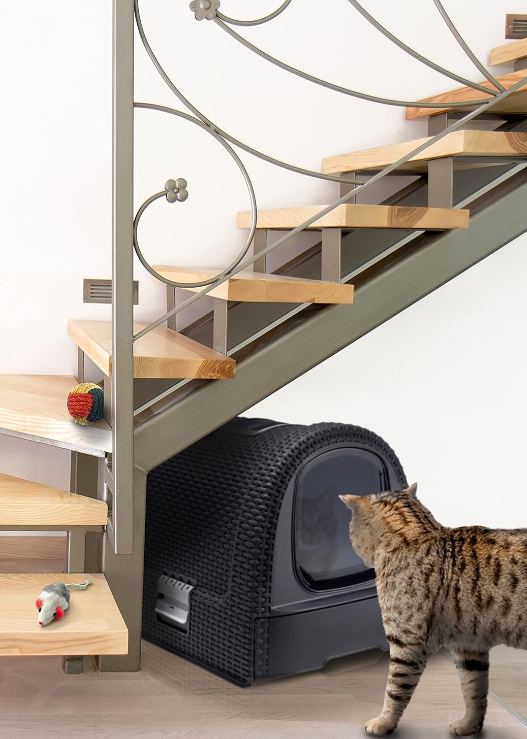 Curver Katzentoilette mit Deckel 🐱🧺 inkl. Schaufel – Rattan-Optik, Anthrazit 🖤