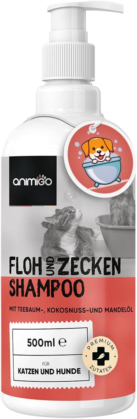 Animigo Flohshampoo 500ml für Hunde & Katzen 🐾 mit Teebaum- & Kokosöl – gegen Flöhe, Zecken & Juckreiz
