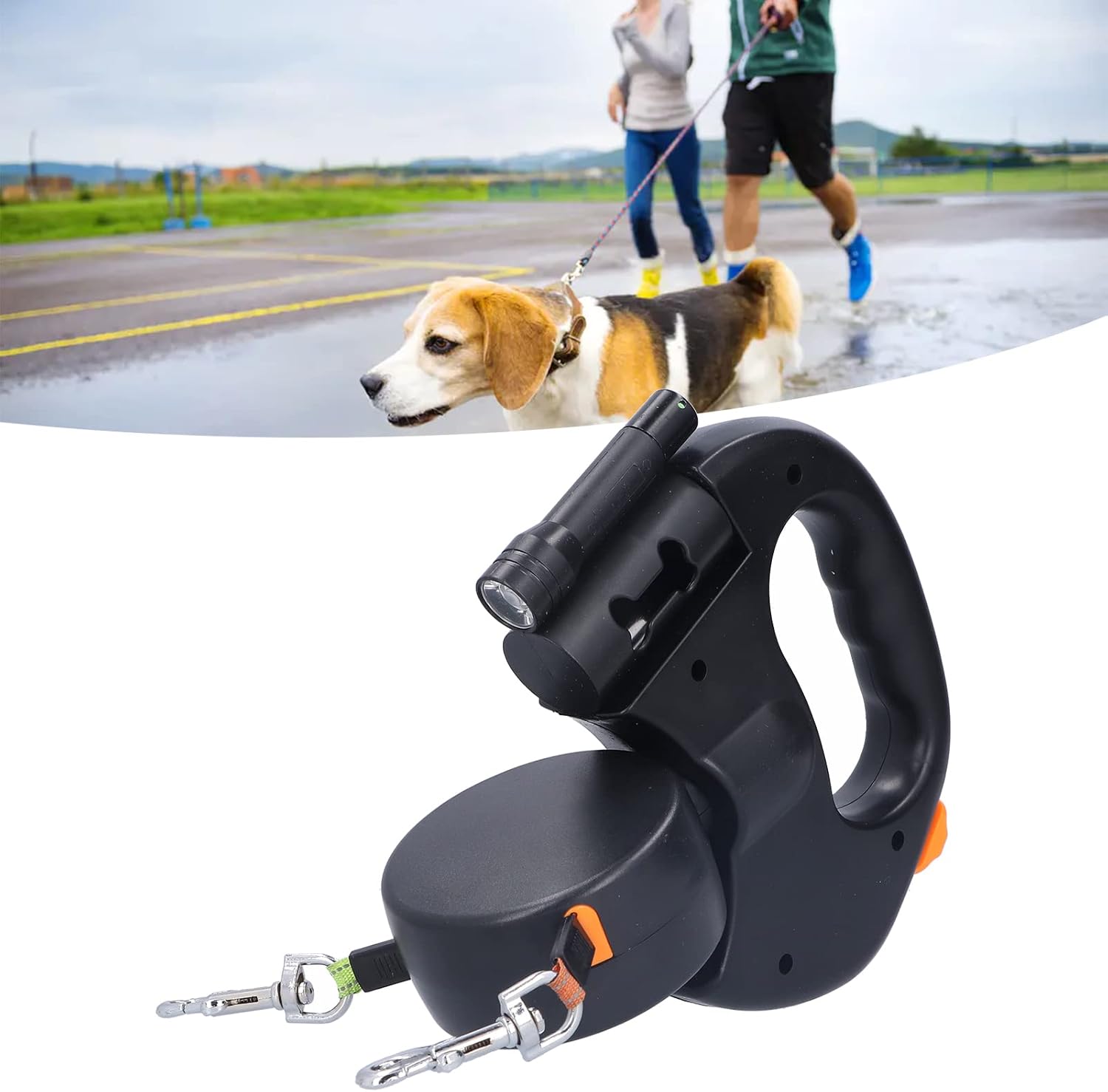 Doppelleine für 2 Hunde – 3 m einziehbar mit LED-Licht & Kotbeutelbox