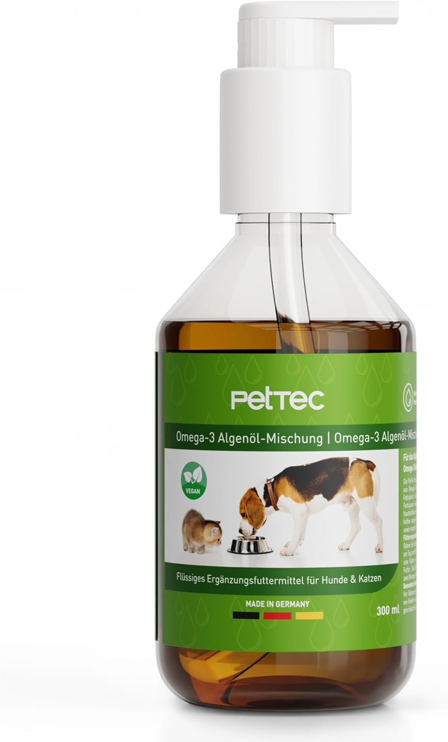 Veganes Omega-3 Algenöl für Hunde, Katzen & Pferde – Hochkonzentriert mit Vitamin E – 300 ml Pumpflasche 🐶🐱🐴