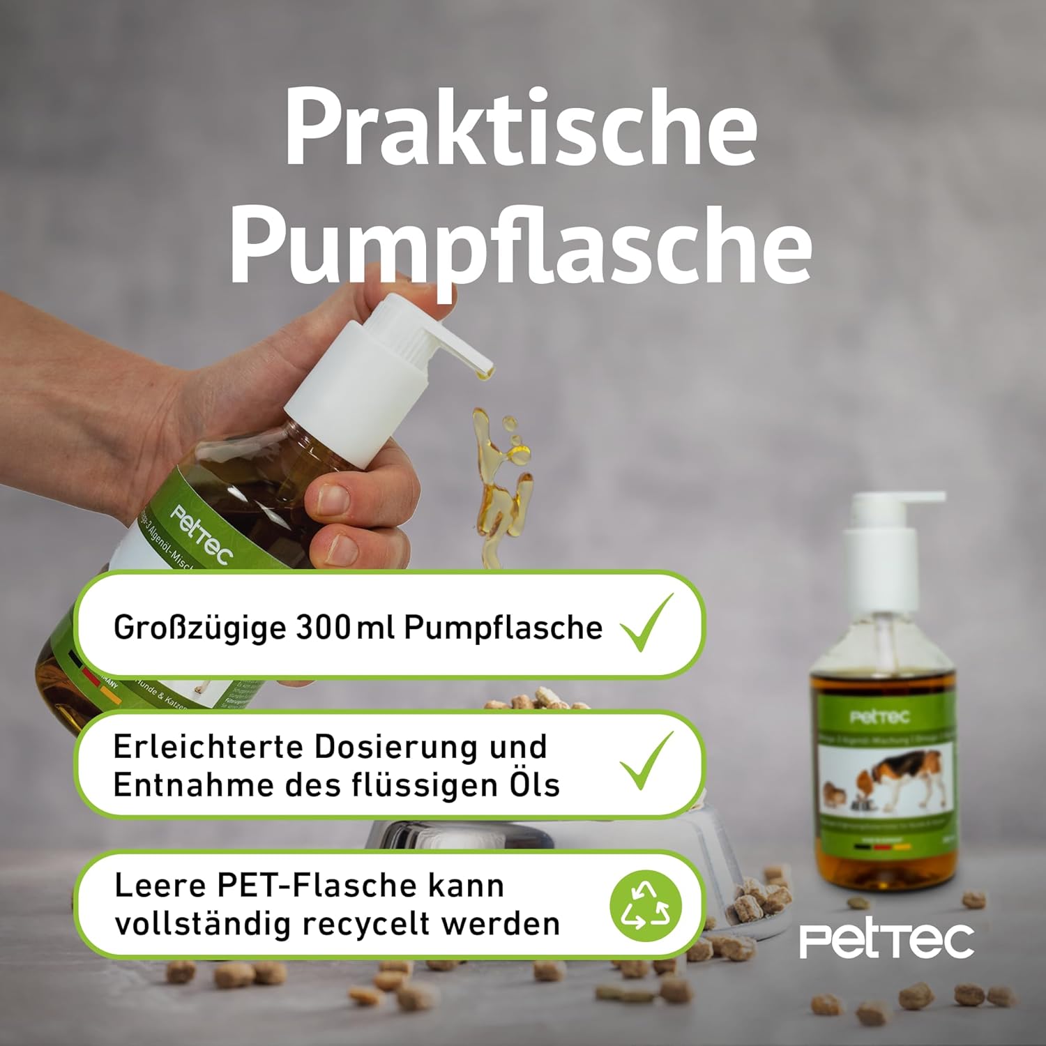 Veganes Omega-3 Algenöl für Hunde, Katzen & Pferde – Hochkonzentriert mit Vitamin E – 300 ml Pumpflasche 🐶🐱🐴