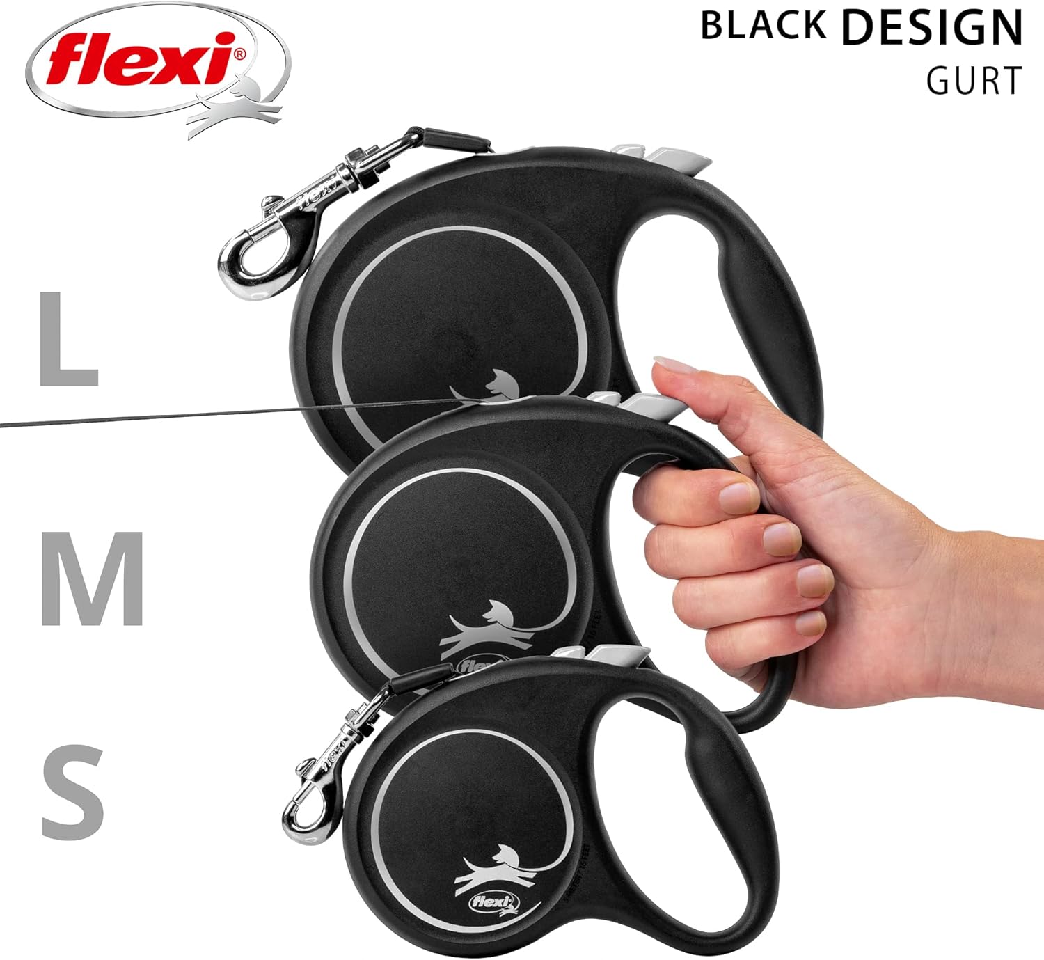 Flexi® Black Design S Gurt 5 M Schwarz/Silber, Roll-Leine Für Hunde Bis 15 Kg