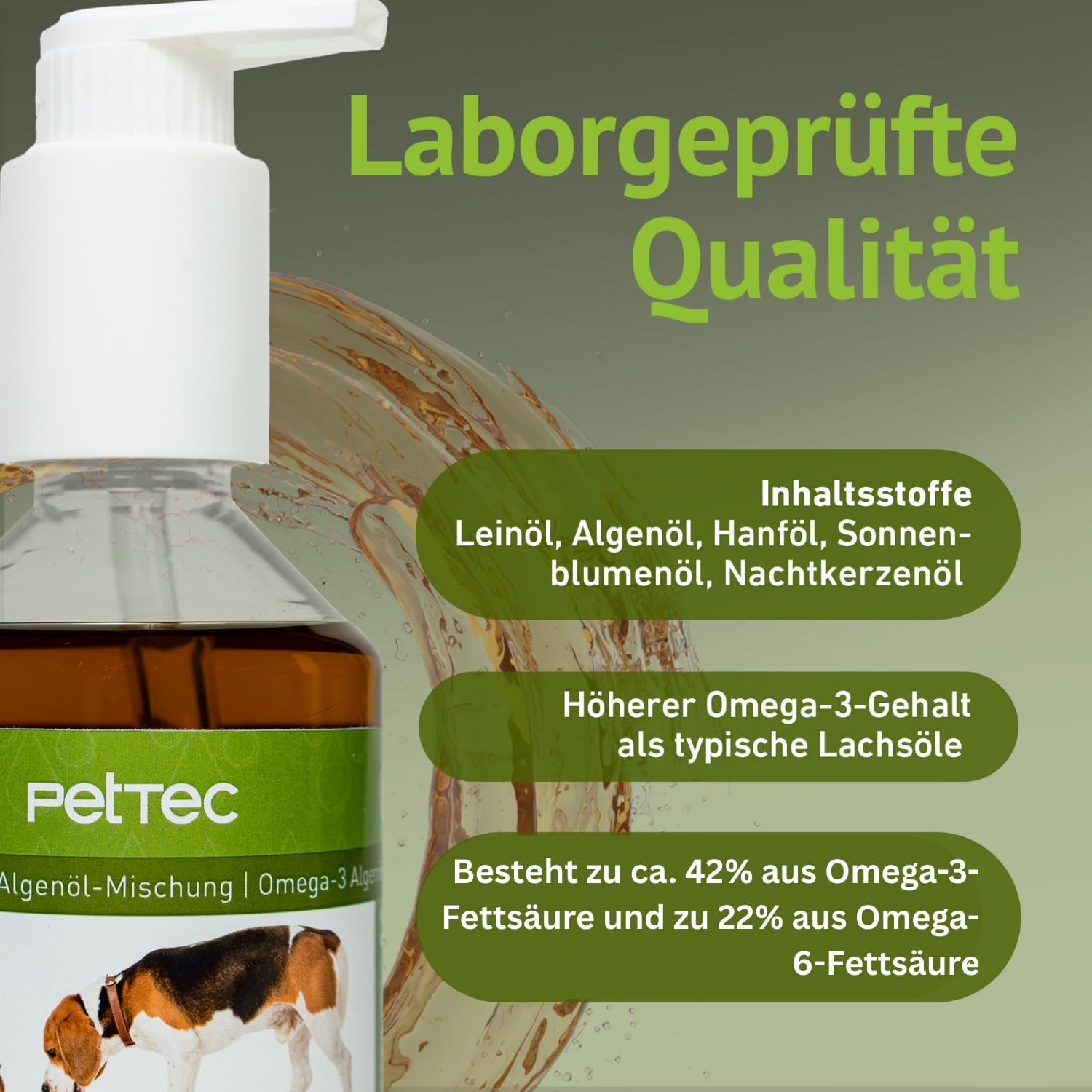 Veganes Omega-3 Algenöl für Hunde, Katzen & Pferde – Hochkonzentriert mit Vitamin E – 300 ml Pumpflasche 🐶🐱🐴