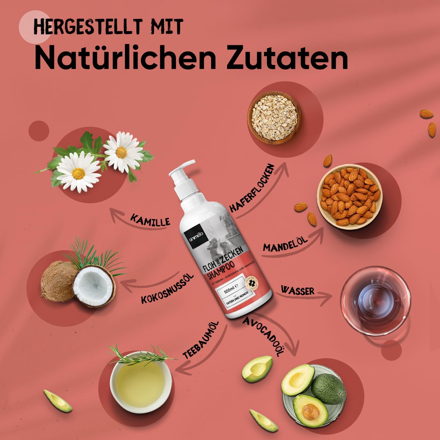 Animigo Flohshampoo 500ml für Hunde & Katzen 🐾 mit Teebaum- & Kokosöl – gegen Flöhe, Zecken & Juckreiz
