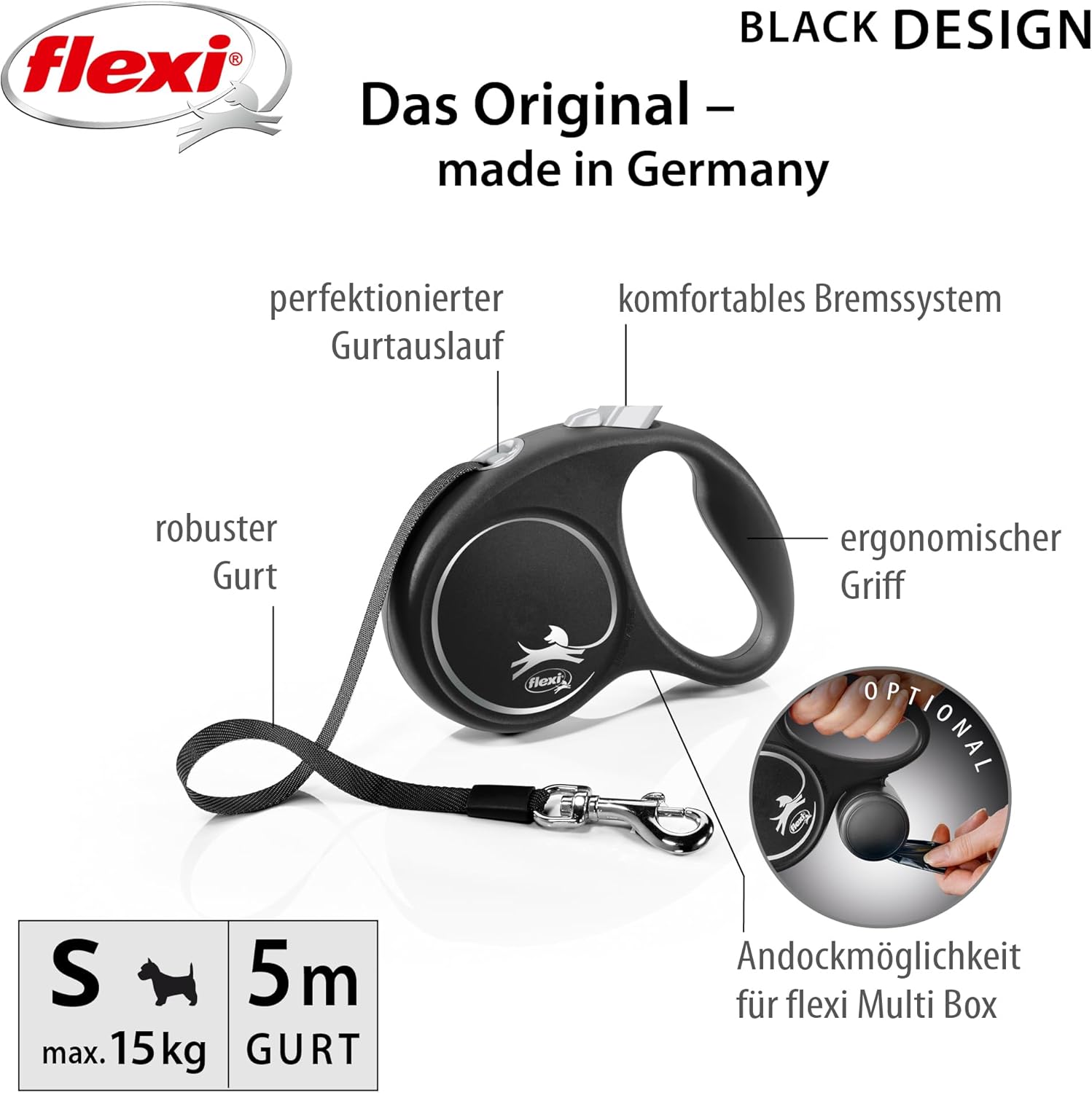 Flexi® Black Design S Gurt 5 M Schwarz/Silber, Roll-Leine Für Hunde Bis 15 Kg