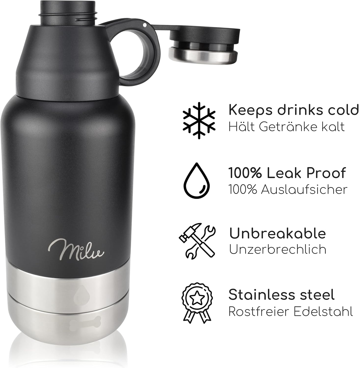 Milu Trinkflasche Hunde Für Unterwegs 950Ml - Wasserflasche Mit Futternapf, Isolierte Edelstahl Hundetrinkflasche, Hundeflasche Mit Futterbehälter, Napf, Hund, Wandern, Reisen, Spaziergang