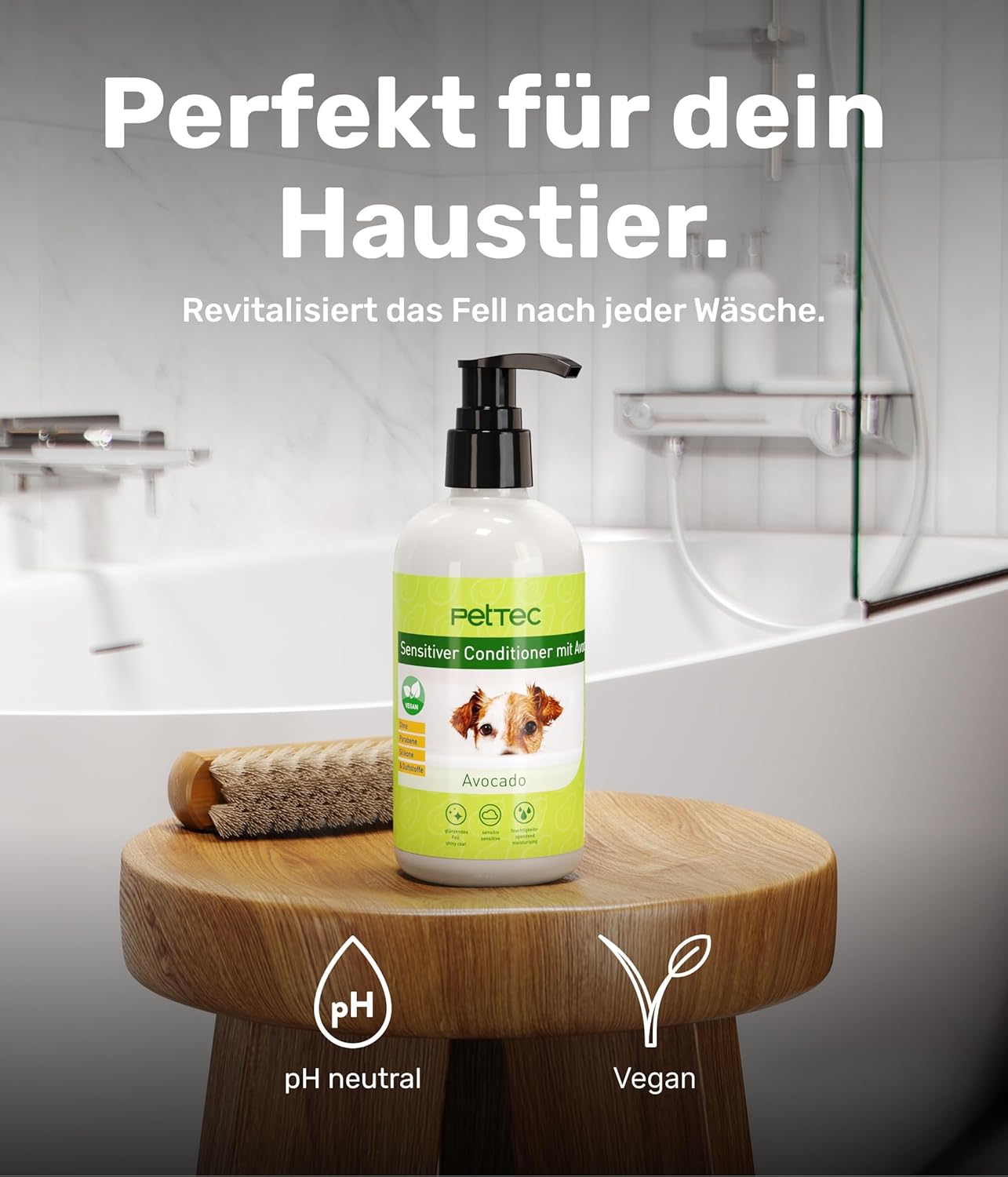 Pettec® - Conditioner Für Hunde Mit Avocadoöl Essenz 250Ml Pumpflasche -Hundeconditioner Ph Neutral (7) Für Alle Hunderassen - Fellpflege Hund Paraben-, Silikon- & Duftstofffrei - Spülung Fell Vegan