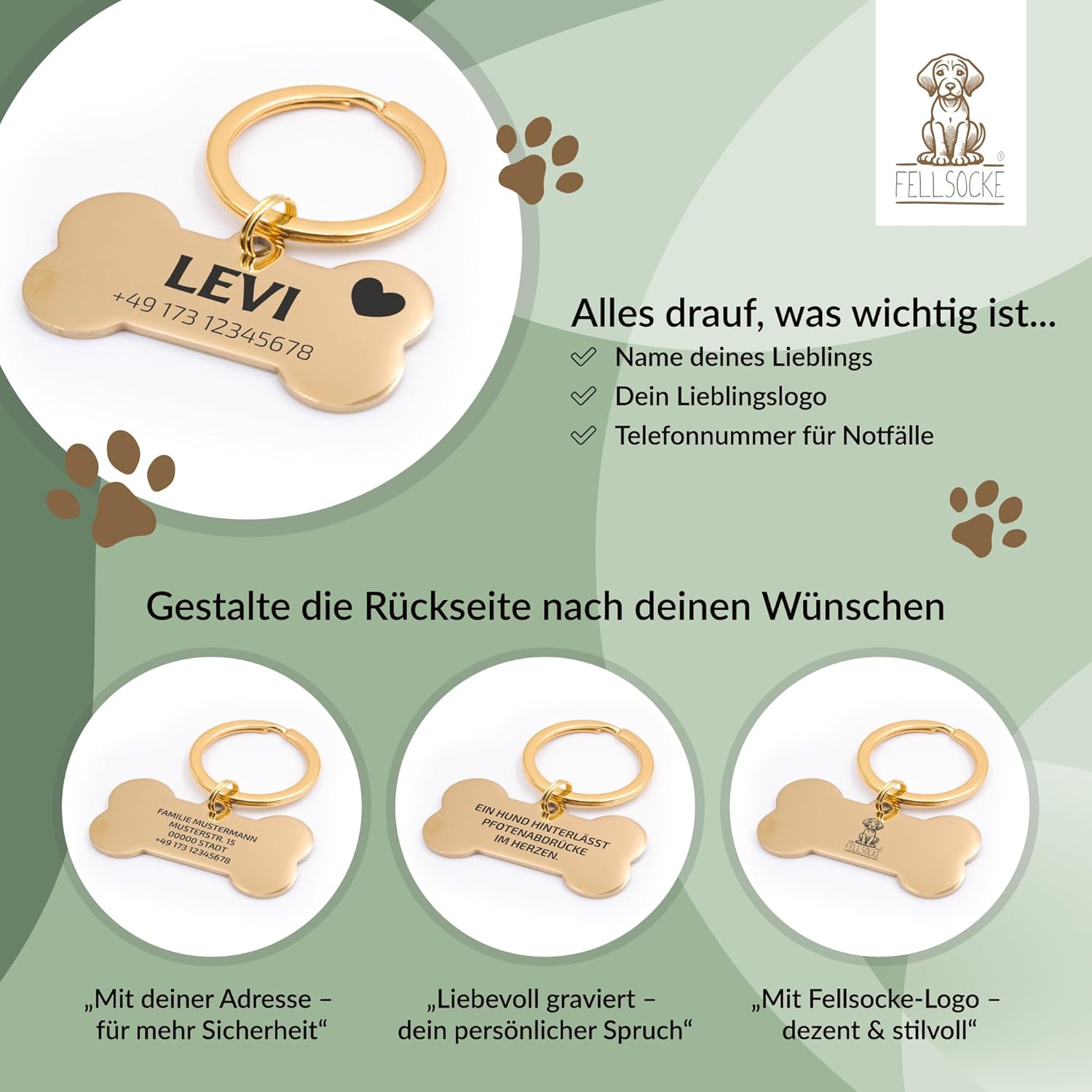 Hundemarke Mit Gravur Aus Edelstahl, Individuell Gravierbar, Robuste Tiermarke, Dogtag Anhänger Hunde, Pferde, Katzen & Welpen (Goldfarben, 40X21 Mm)
