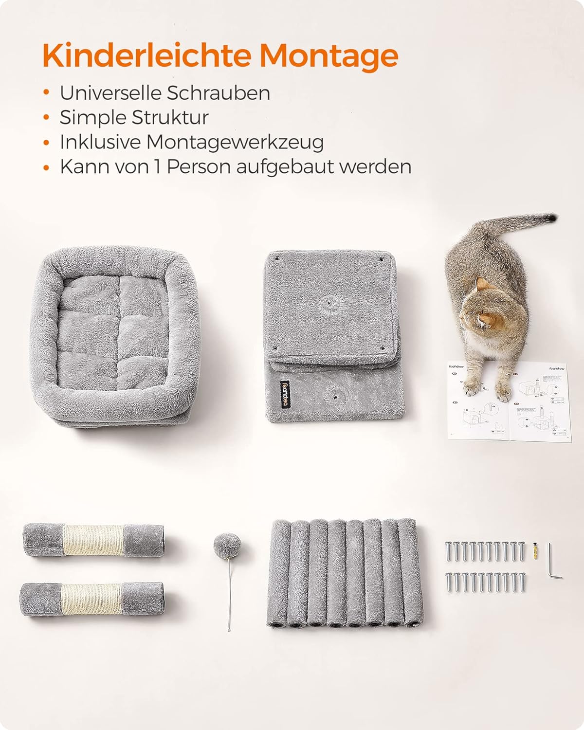 Feandrea Kratzbaum Klein, 67 Cm Katzenbaum, Katzenhaus Für Kätzchen Bis Zu 3 Kg, Große Plattform, Sisalstämme, Hellgrau PCT611W01