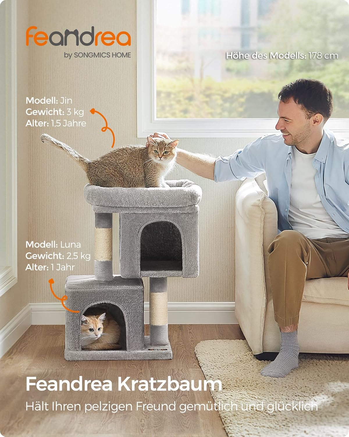 Feandrea Kratzbaum Klein, 67 Cm Katzenbaum, Katzenhaus Für Kätzchen Bis Zu 3 Kg, Große Plattform, Sisalstämme, Hellgrau PCT611W01