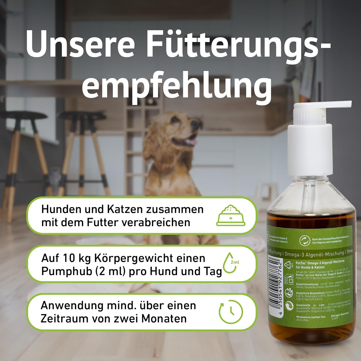 Veganes Omega-3 Algenöl für Hunde, Katzen & Pferde – Hochkonzentriert mit Vitamin E – 300 ml Pumpflasche 🐶🐱🐴