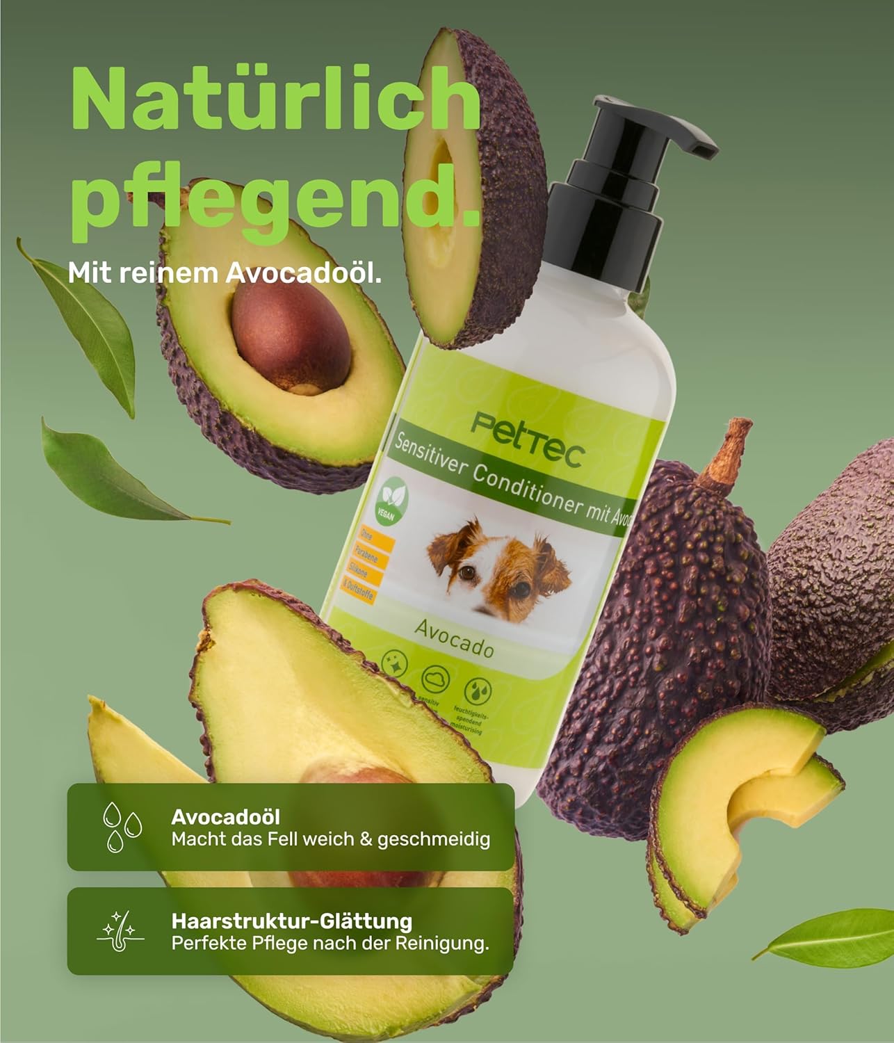 Pettec® - Conditioner Für Hunde Mit Avocadoöl Essenz 250Ml Pumpflasche -Hundeconditioner Ph Neutral (7) Für Alle Hunderassen - Fellpflege Hund Paraben-, Silikon- & Duftstofffrei - Spülung Fell Vegan