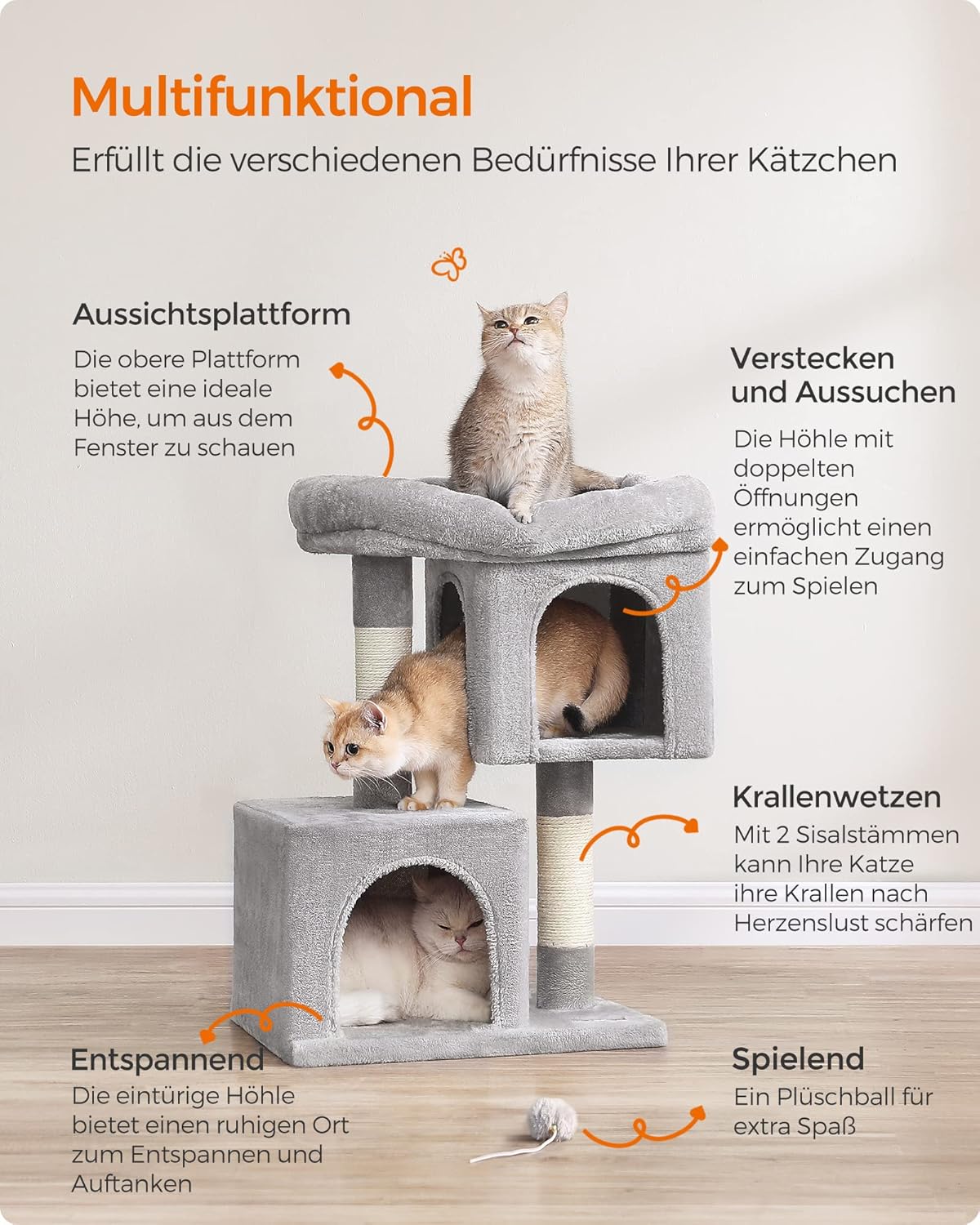 Feandrea Kratzbaum Klein, 67 Cm Katzenbaum, Katzenhaus Für Kätzchen Bis Zu 3 Kg, Große Plattform, Sisalstämme, Hellgrau PCT611W01