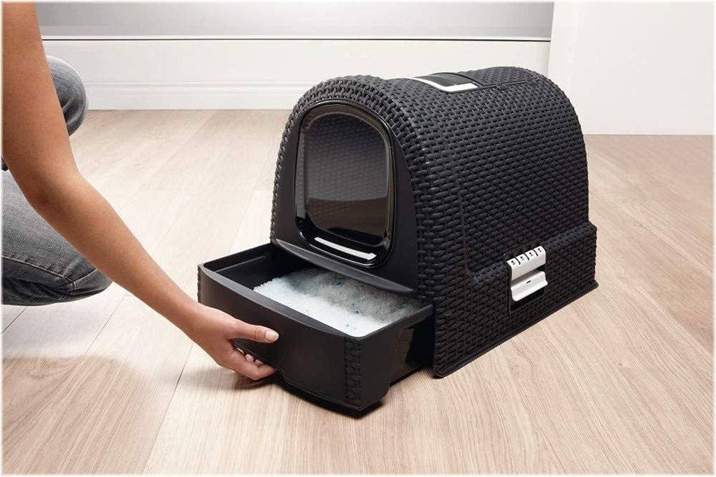 Curver Katzentoilette mit Deckel 🐱🧺 inkl. Schaufel – Rattan-Optik, Anthrazit 🖤