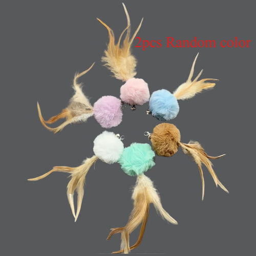 2Pcs Random Color Plush Ball Feather Cat Teaser Stick for Changing Heads Cat Toy Plush Interaction Kitty Pet Toy