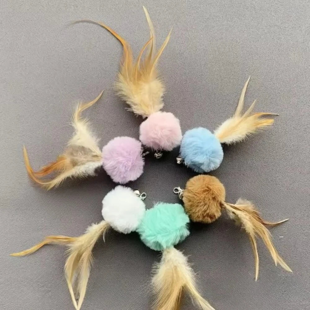 2Pcs Random Color Plush Ball Feather Cat Teaser Stick for Changing Heads Cat Toy Plush Interaction Kitty Pet Toy