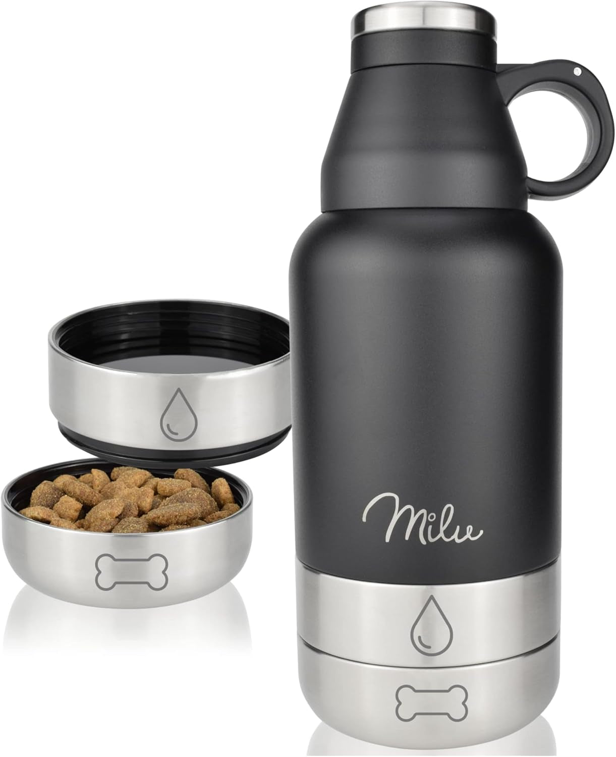 Milu Trinkflasche Hunde Für Unterwegs 950Ml - Wasserflasche Mit Futternapf, Isolierte Edelstahl Hundetrinkflasche, Hundeflasche Mit Futterbehälter, Napf, Hund, Wandern, Reisen, Spaziergang